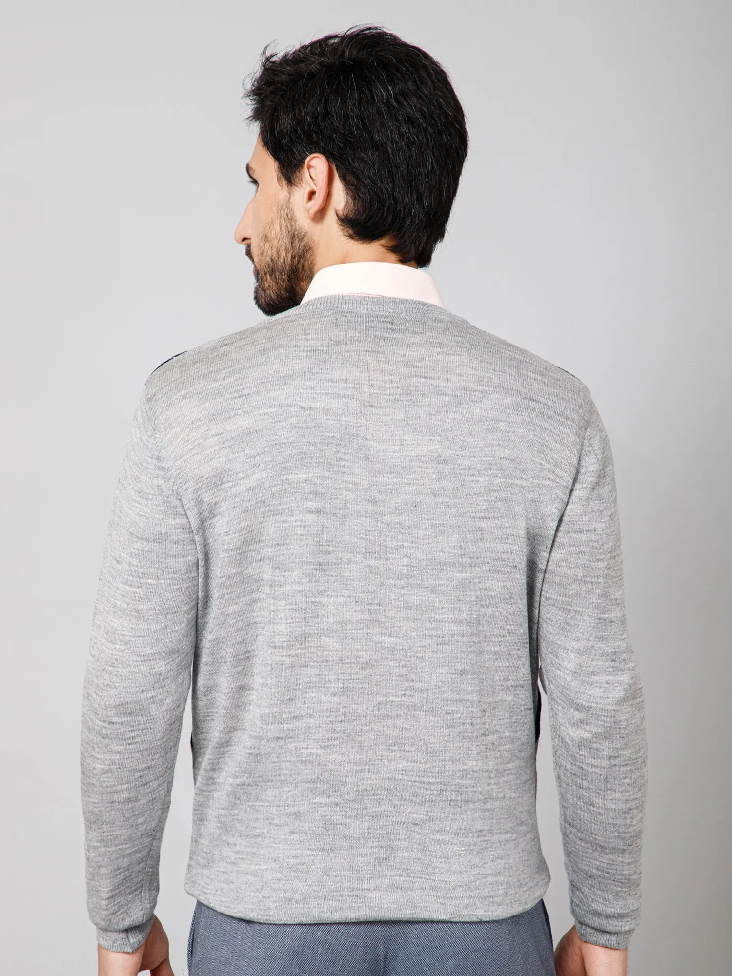 Printed Grey V Neck Full Sleeves Regular Fit Casual Sweater For Mens