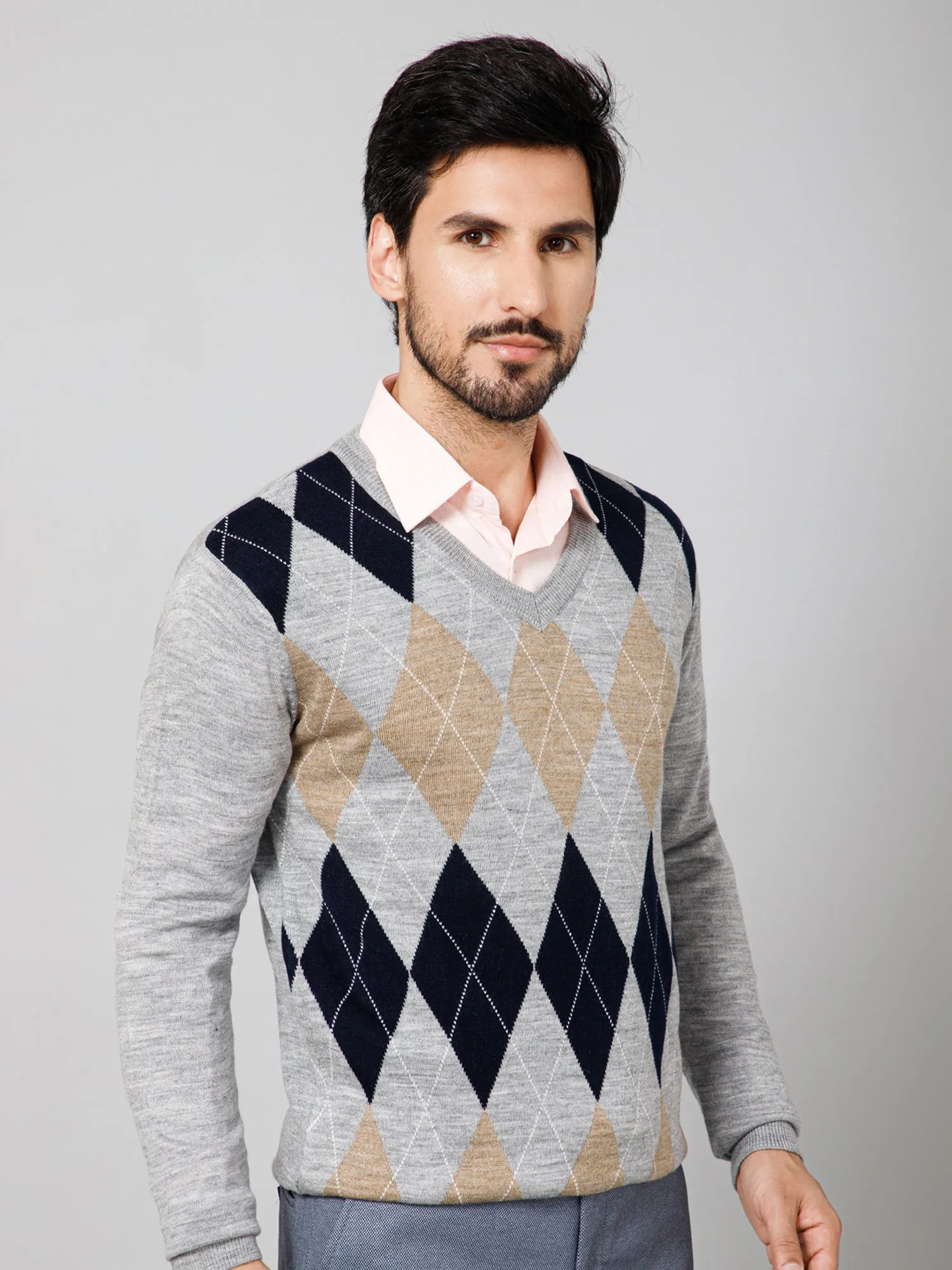 Printed Grey V Neck Full Sleeves Regular Fit Casual Sweater For Mens