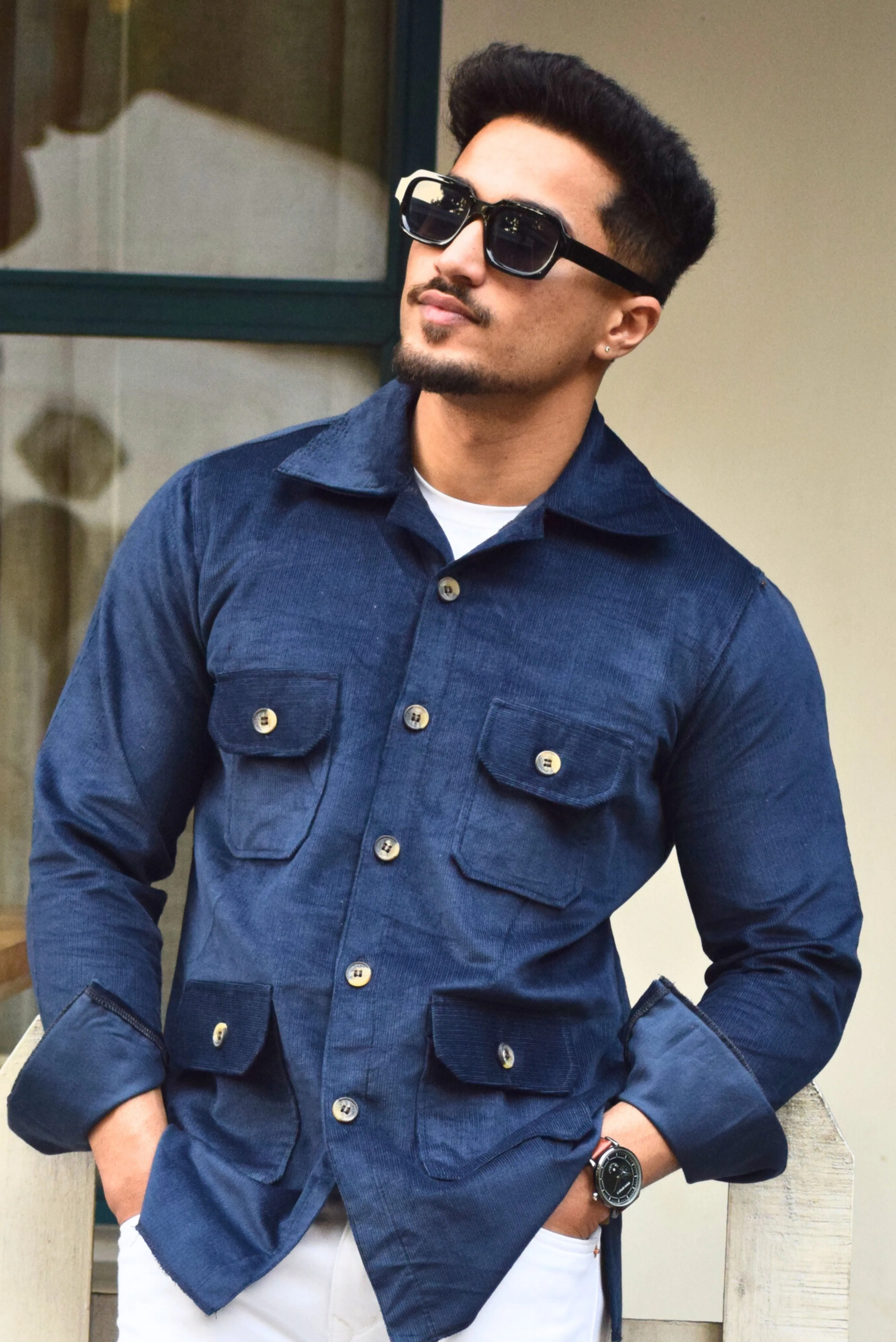 Royal Blue Corduroy Hunting Shacket for Men