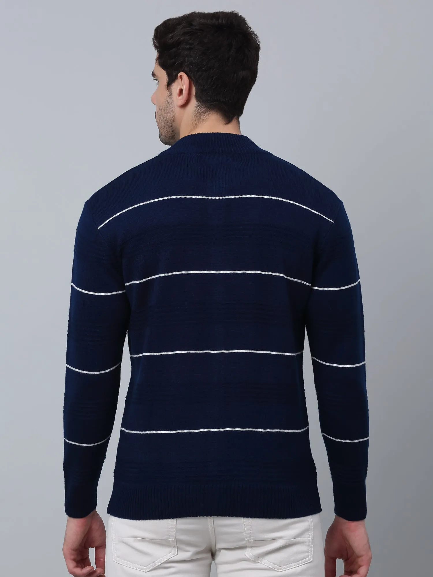 Striped Royal Blue Full Sleeves Mock Collar Regular Fit Casual Sweater for Men