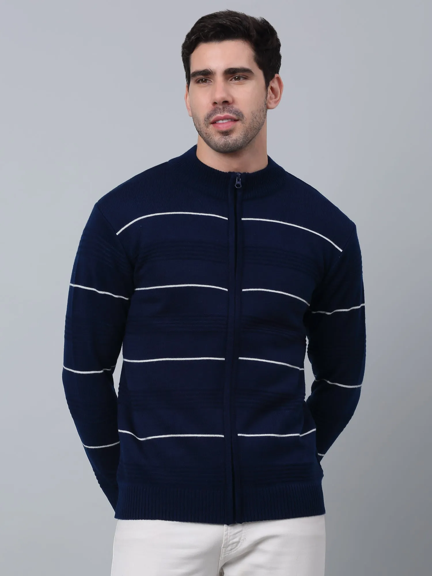 Striped Royal Blue Full Sleeves Mock Collar Regular Fit Casual Sweater for Men