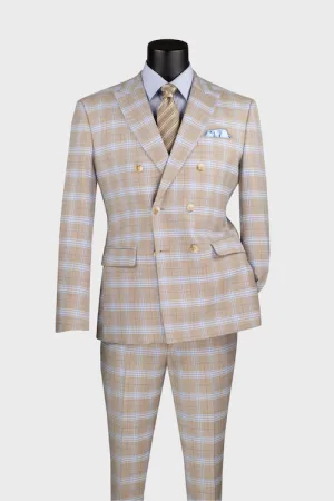 Tan 2 Piece Double Breasted Windowpane Suit