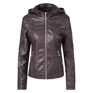 Women Classy Long Sleeve Hooded Slim Leather Jacket    WJC23267