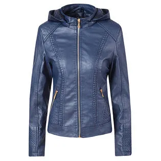 Women Classy Long Sleeve Hooded Slim Leather Jacket    WJC23267