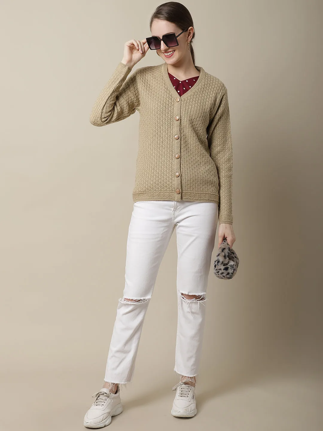 Women's Casual  Beige V neck Cardigan Sweater