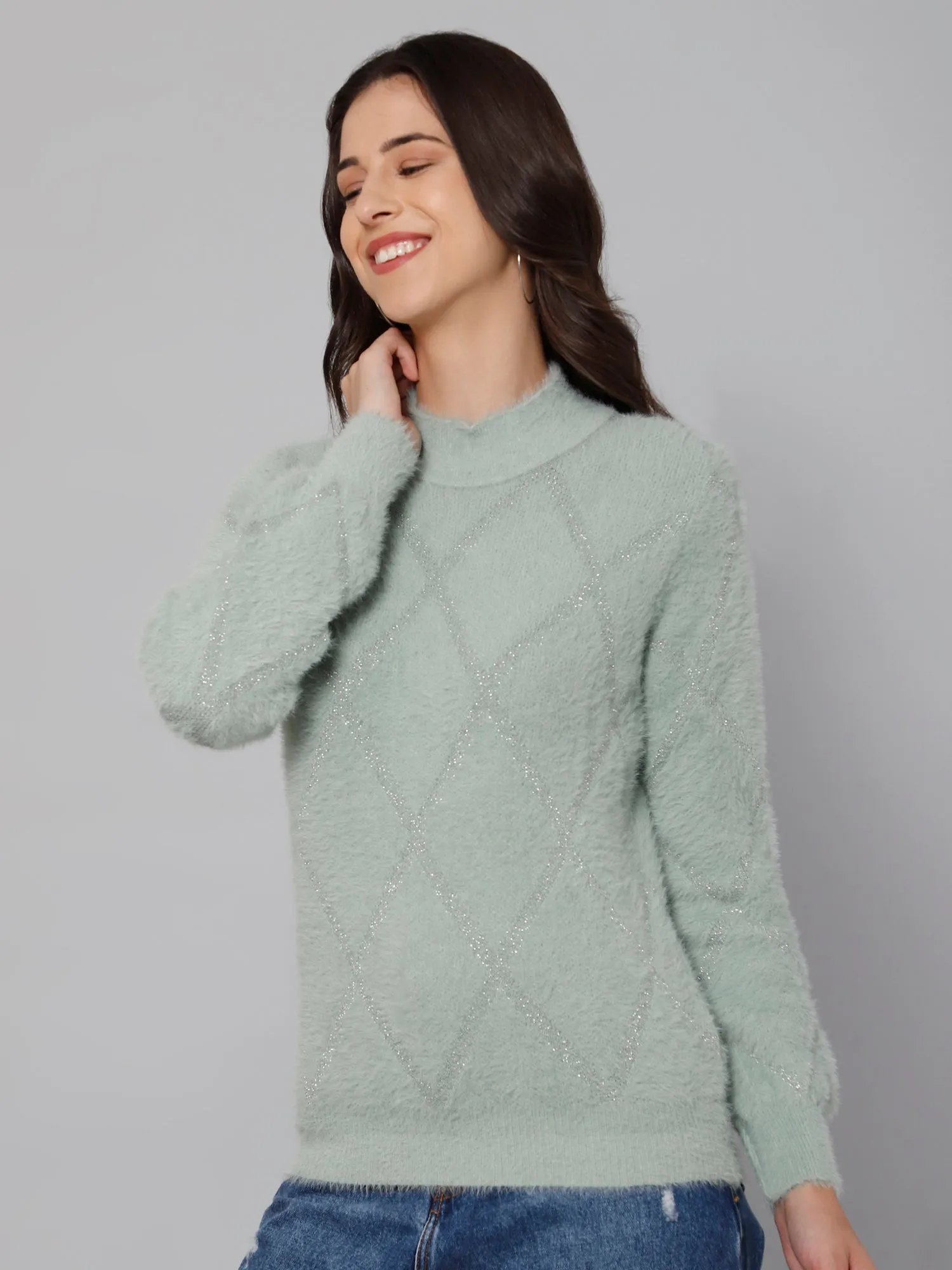 Women's Casual  Green High neck Pullover Sweater