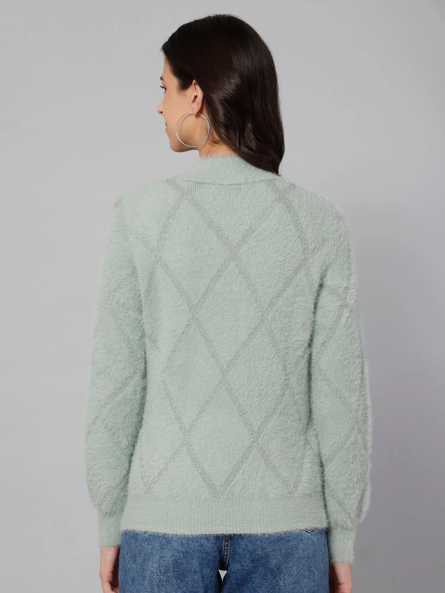 Women's Casual  Green High neck Pullover Sweater