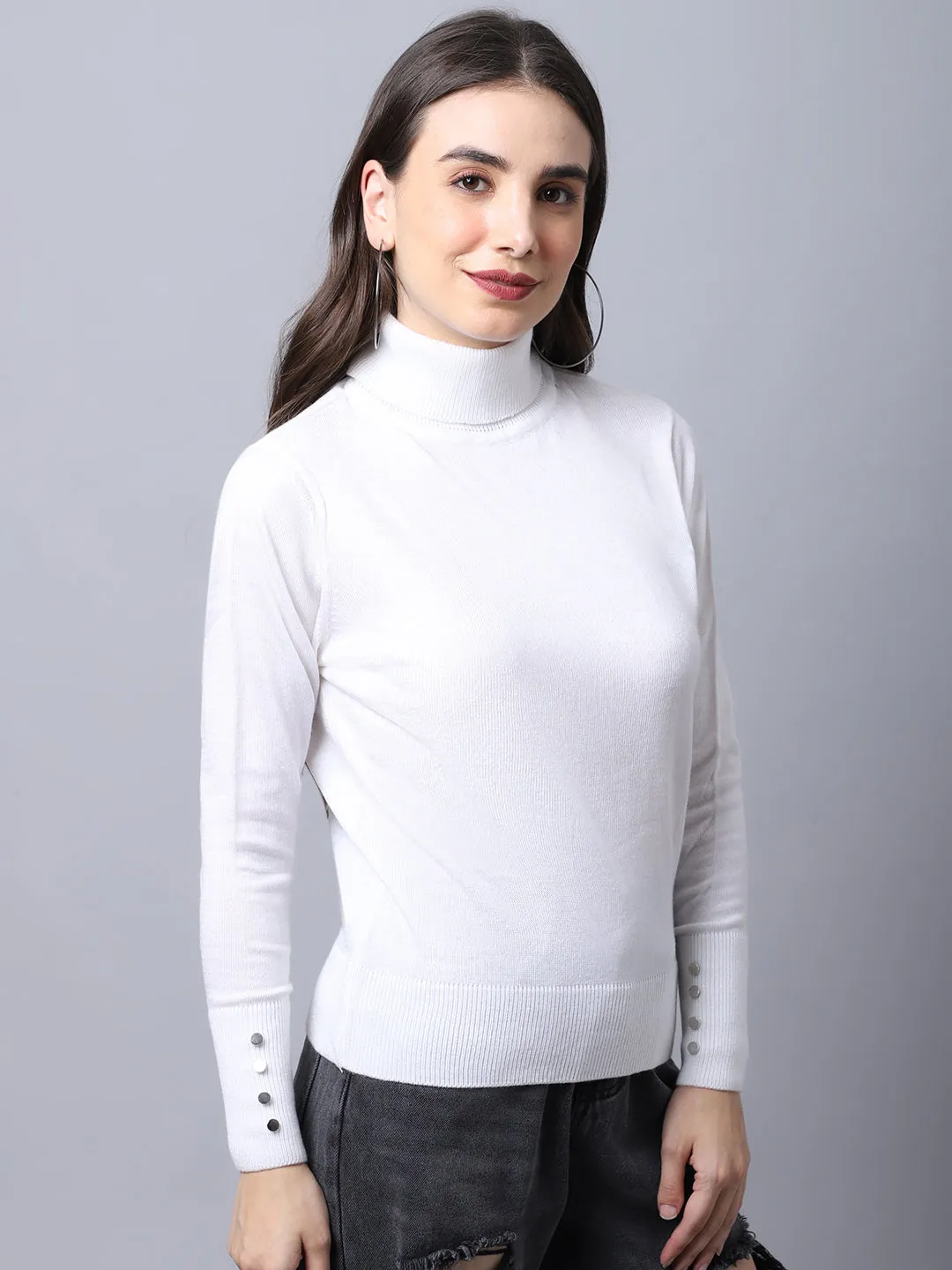 Women's Casual  White Turtle neck Pullover Sweater