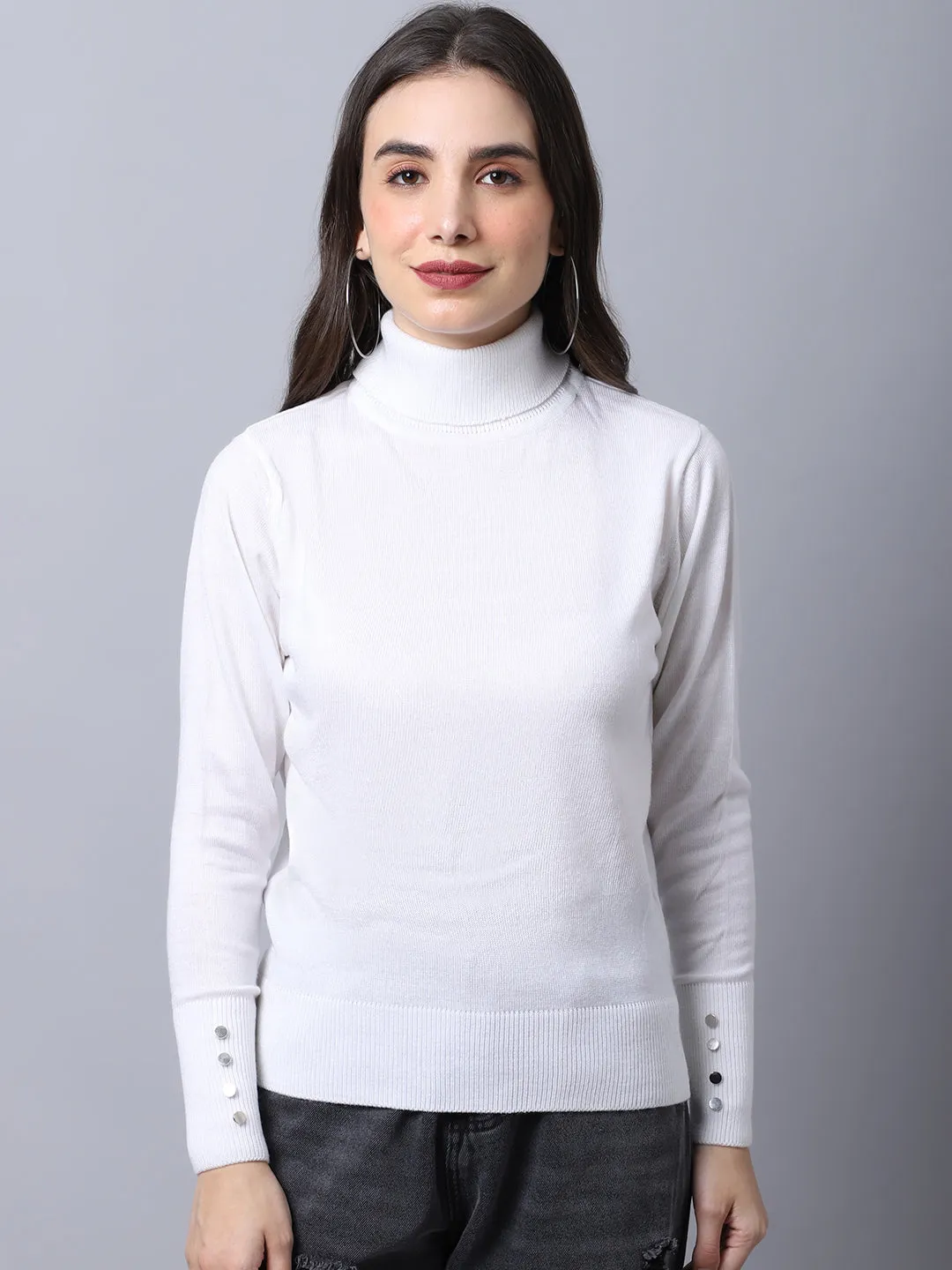 Women's Casual  White Turtle neck Pullover Sweater