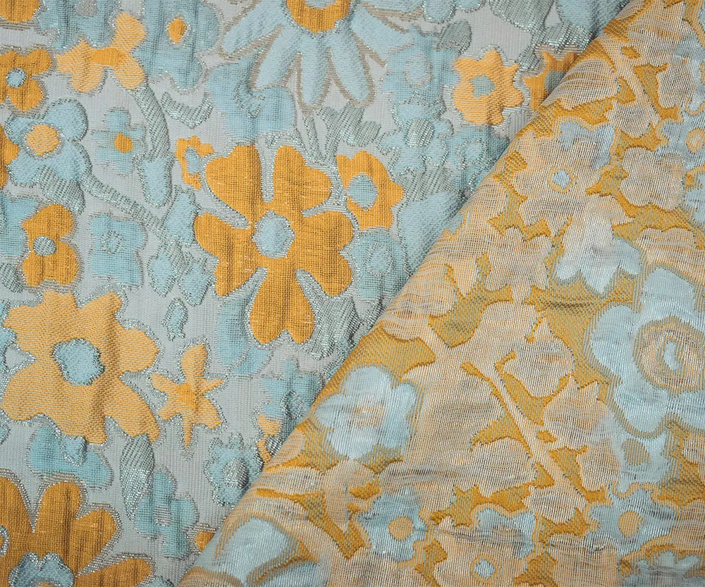 Yellow-Silver-Multi Polyester Metallic Floral Matellasse Brocade Jacquard Fabric