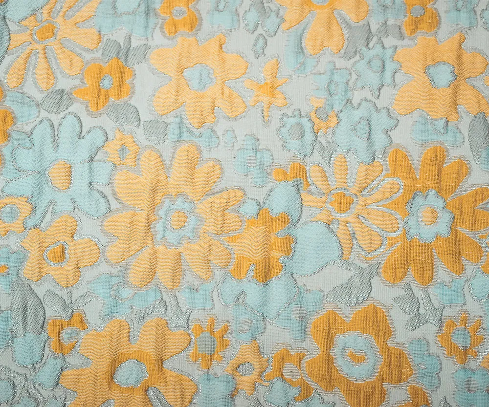 Yellow-Silver-Multi Polyester Metallic Floral Matellasse Brocade Jacquard Fabric