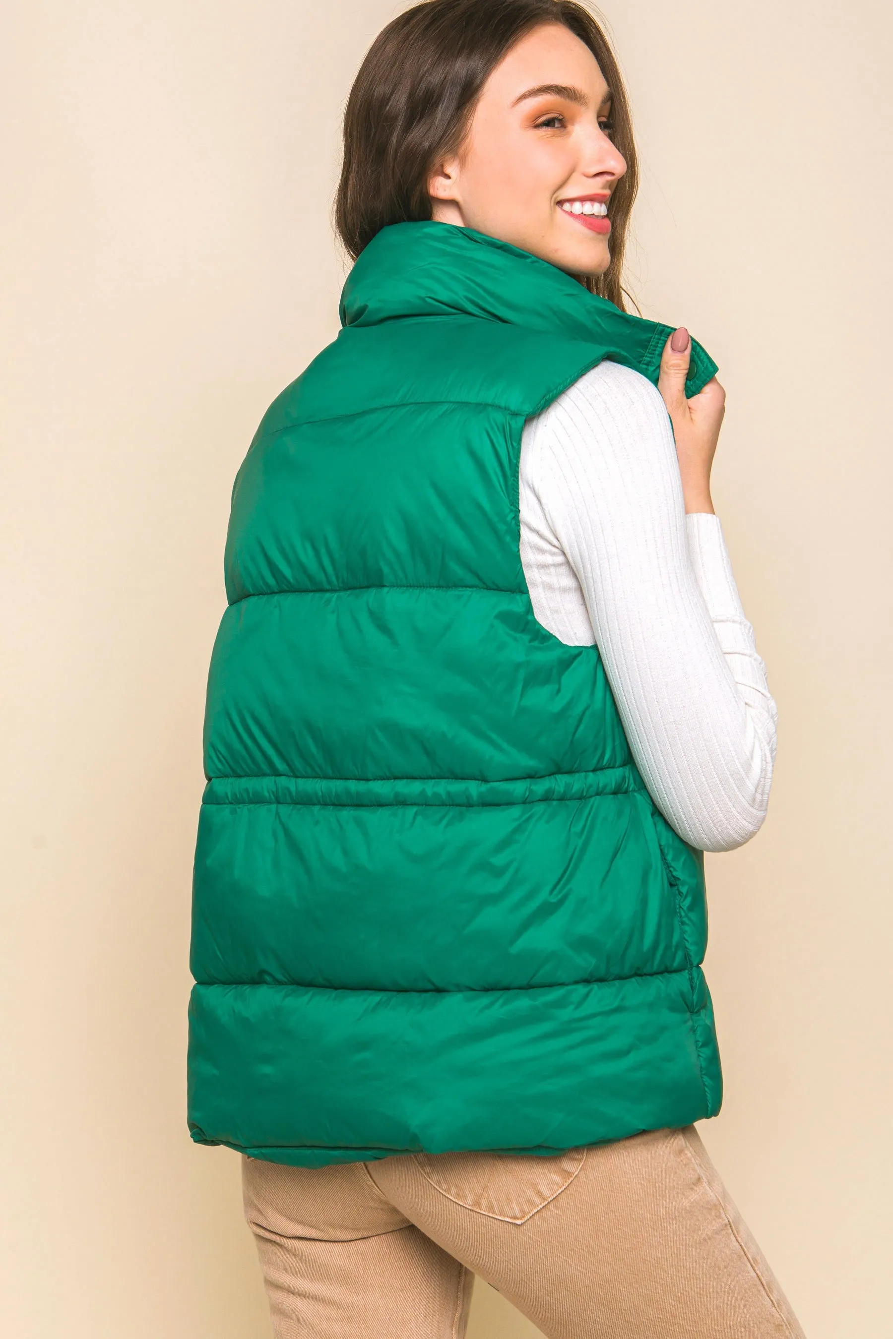 Zip Up Button Puffer Vest with Waist Toggles - Green