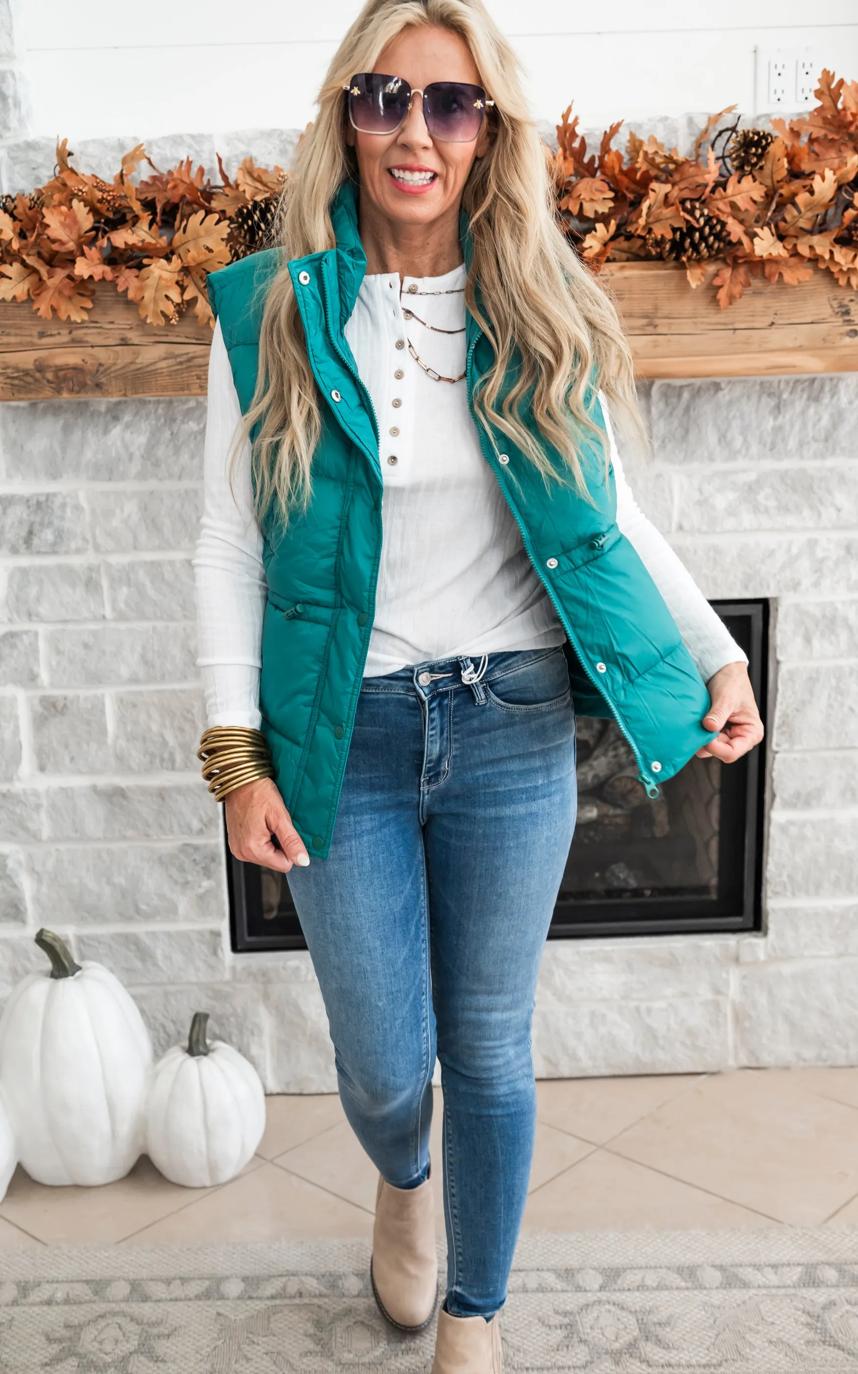 Zip Up Button Puffer Vest with Waist Toggles - Green